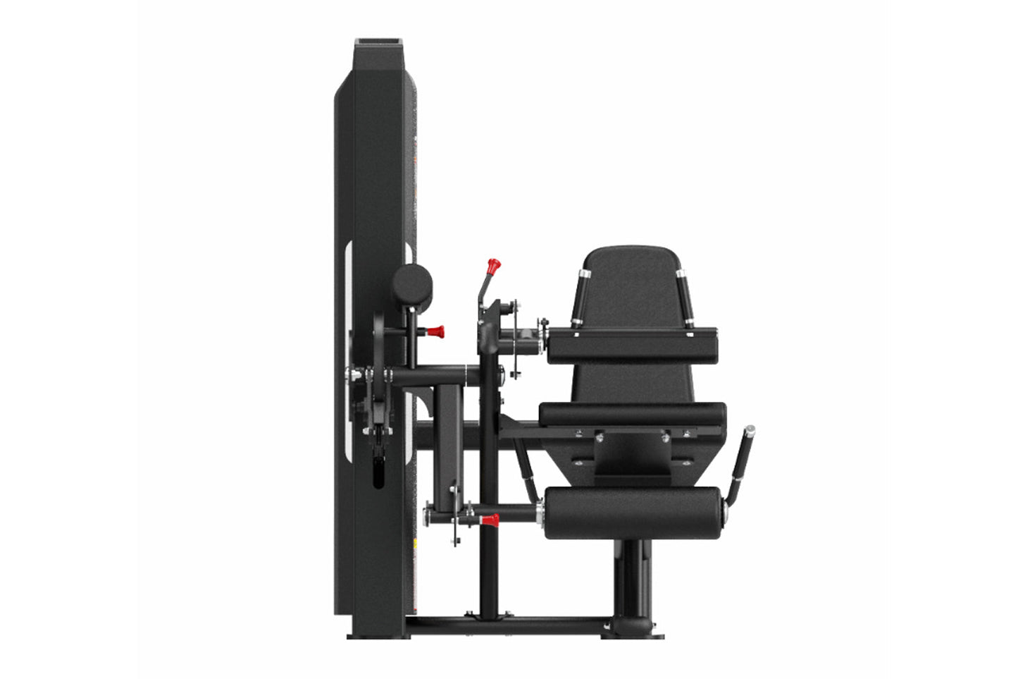 Black commercial leg curl and extension machine with padded seat, footrest, and weight stack on white background