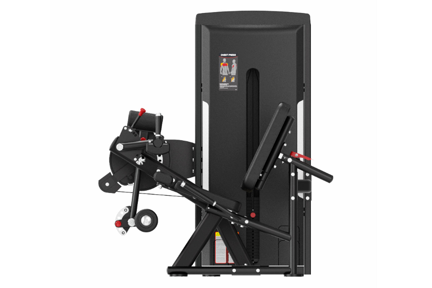 Black commercial leg curl and extension machine with padded seat, footrest, and red adjustment knobs on white background