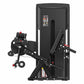 Black commercial leg curl and extension machine with padded seat, footrest, and red adjustment knobs on white background