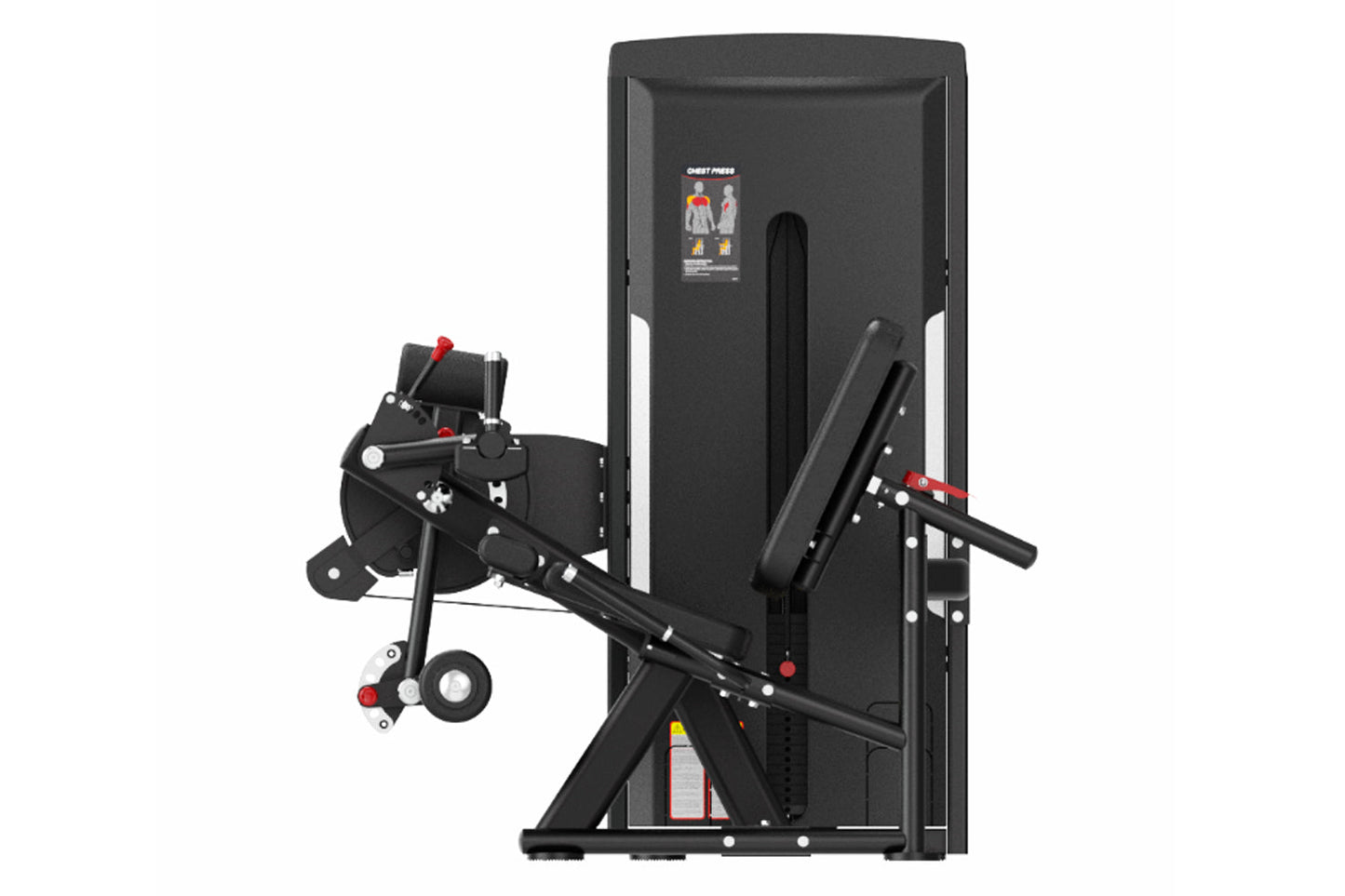 Black commercial leg curl and extension machine with padded seat, footrest, and red adjustment knobs on white background