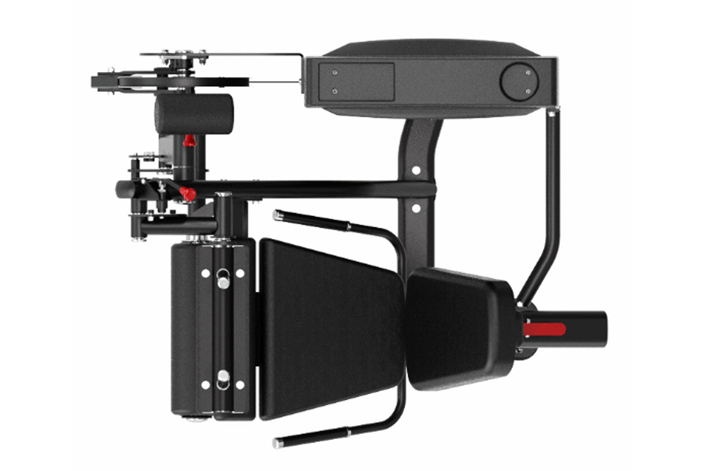 Black commercial leg curl and extension machine with red accents, featuring adjustable seat, padded leg rest, control panel, 
