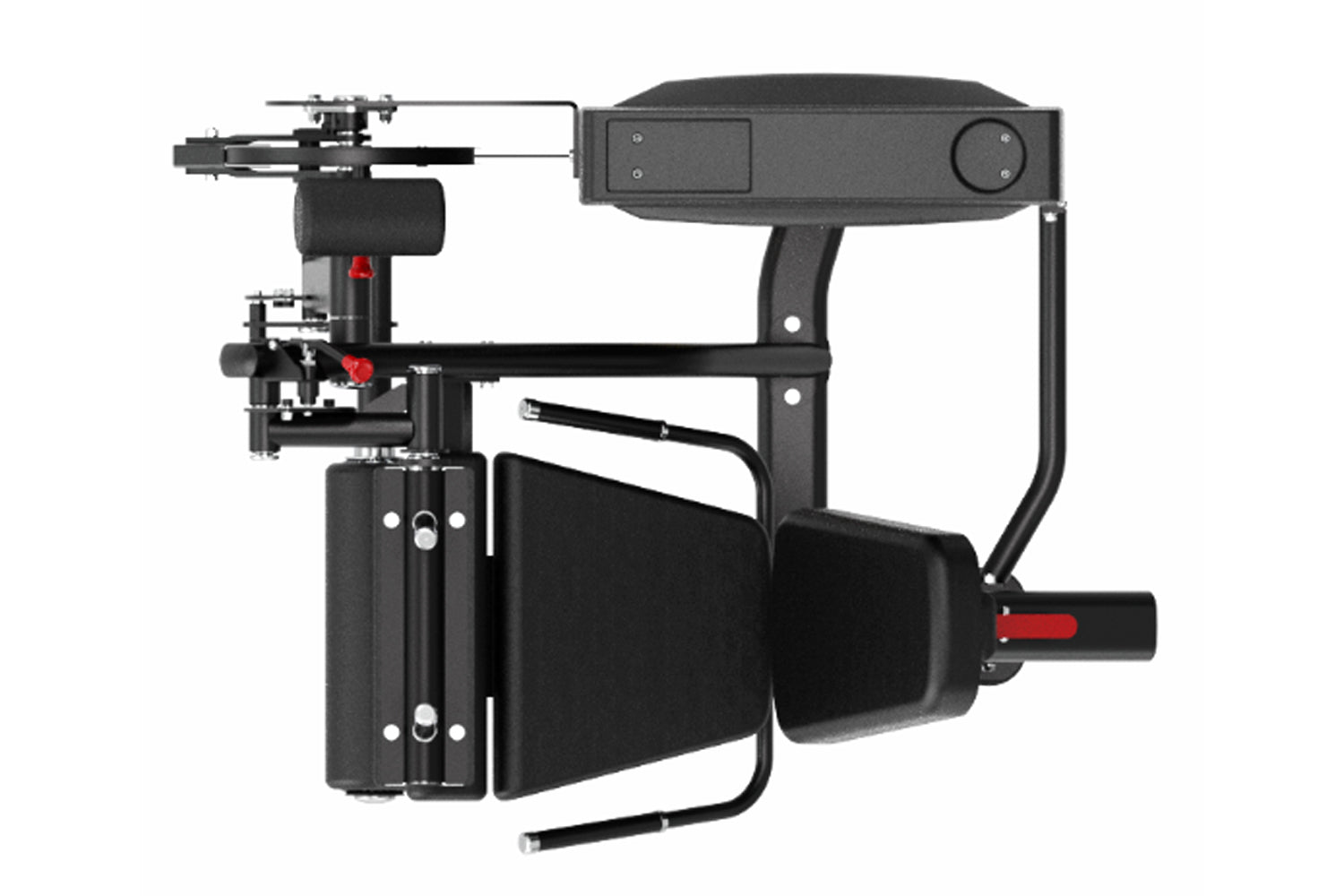 Black commercial leg curl and extension machine with red accents, featuring adjustable seat, padded leg rest, control panel, 