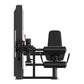 Black leg curl and extension machine with padded seat, footrest, and weight stack on white background