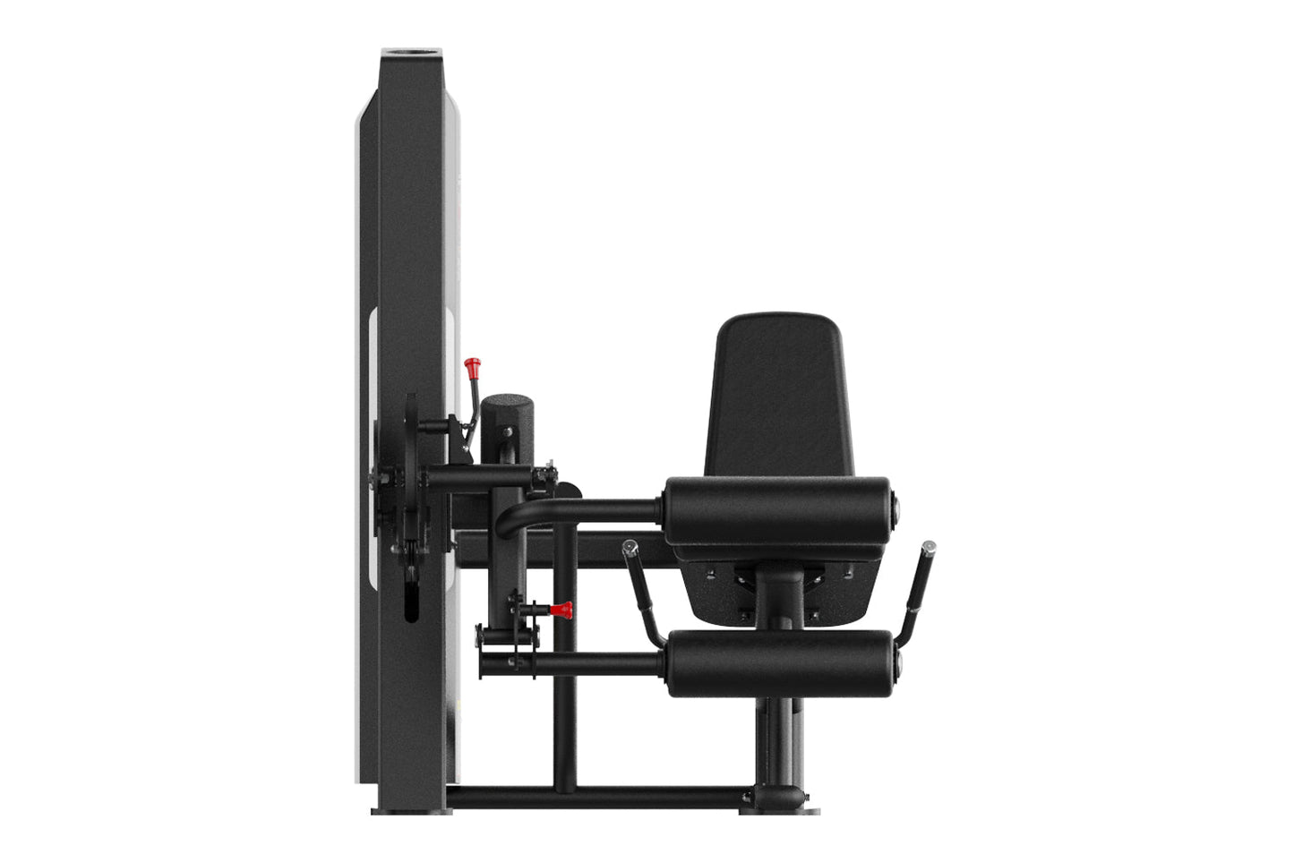 Black leg curl and extension machine with padded seat, footrest, and weight stack on white background