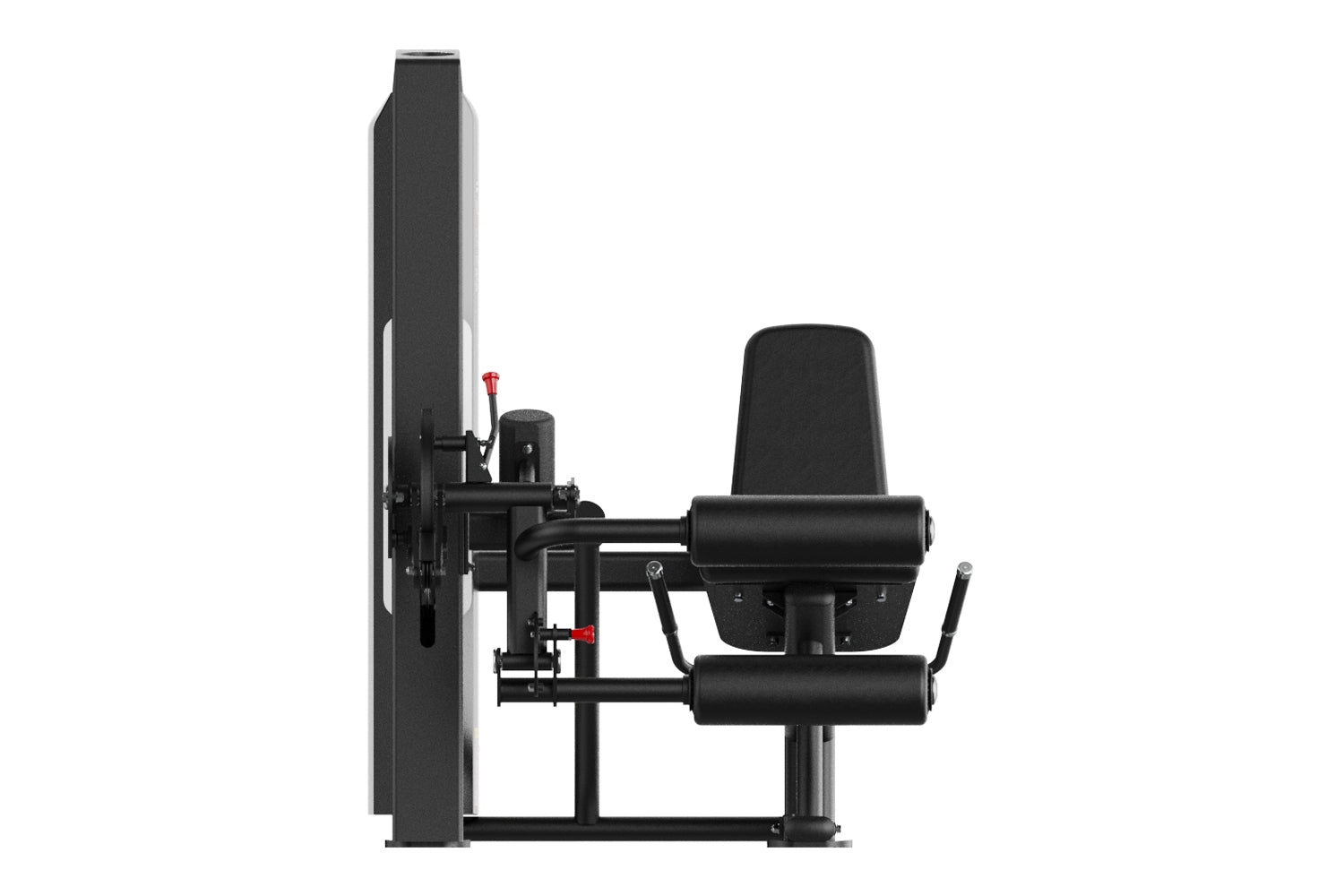 Black leg curl and extension machine with padded seat, footrest, and weight stack on white background
