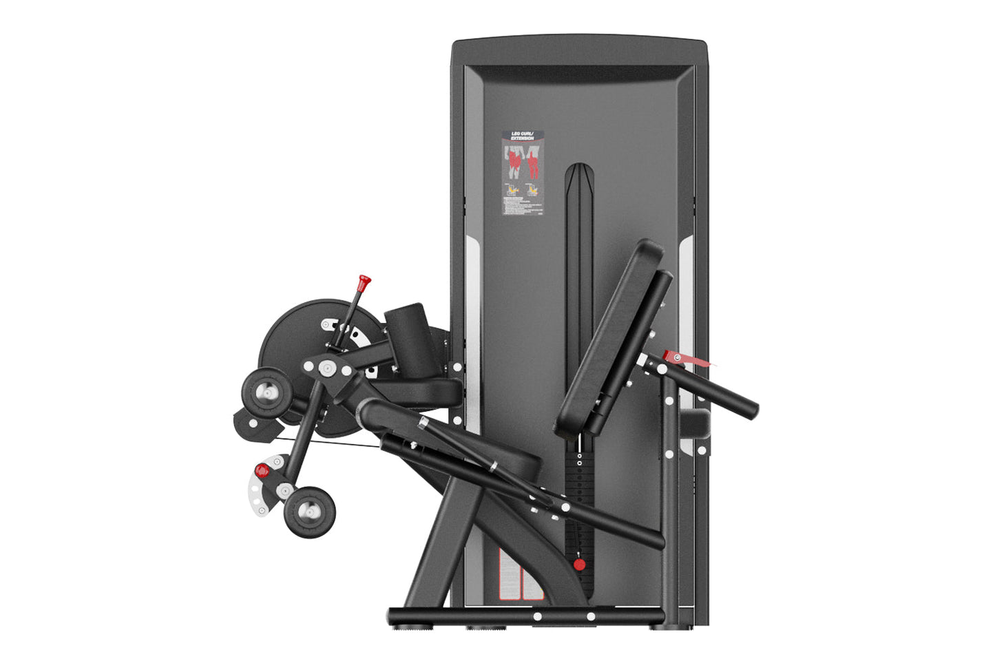 Commercial leg curl and extension machine with black frame, padded seat, adjustable leg lever, and weight stack on white back