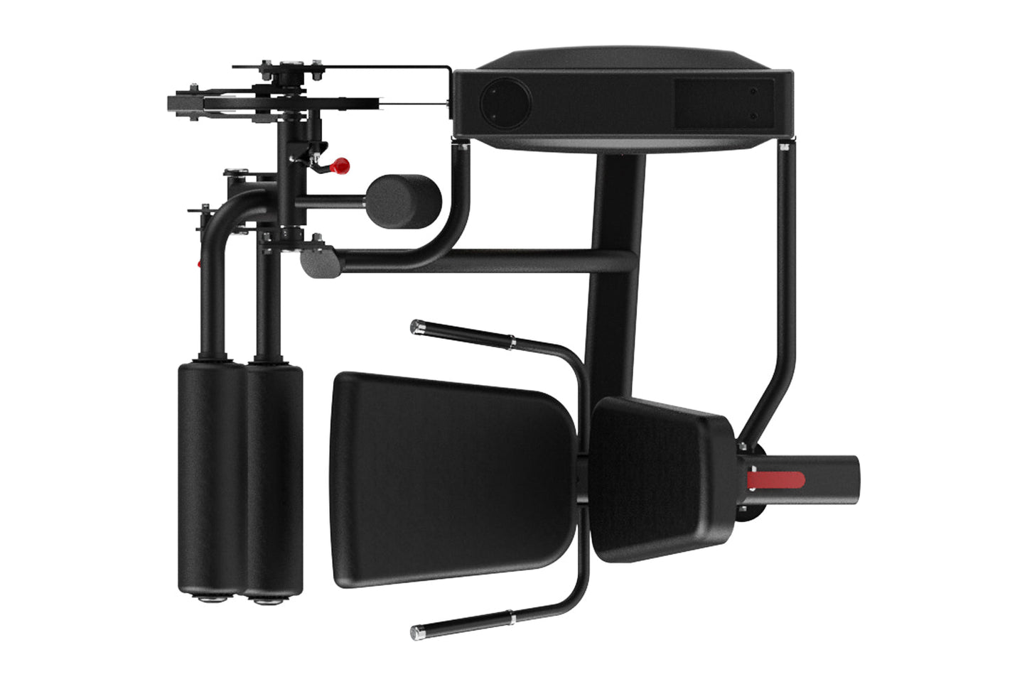 Black commercial leg curl and extension machine with padded seat, footrest, and resistance arms on white background