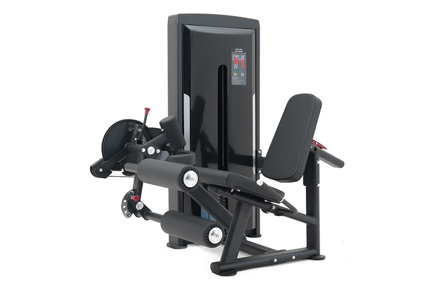Black and gray leg curl and extension machine with digital display, padded seat and leg attachment, on white background