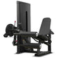 Black commercial leg curl and extension machine with padded seat and back support, metal frame and weight stack on white back