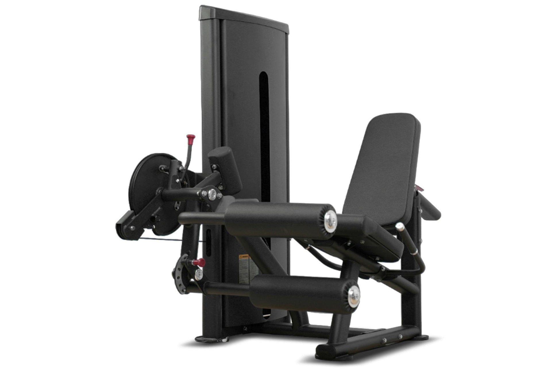 Black commercial leg curl and extension machine with padded seat and back support, metal frame and weight stack on white back