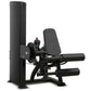 Black commercial leg curl and extension machine with padded seat, footrest, and weight stack on white background