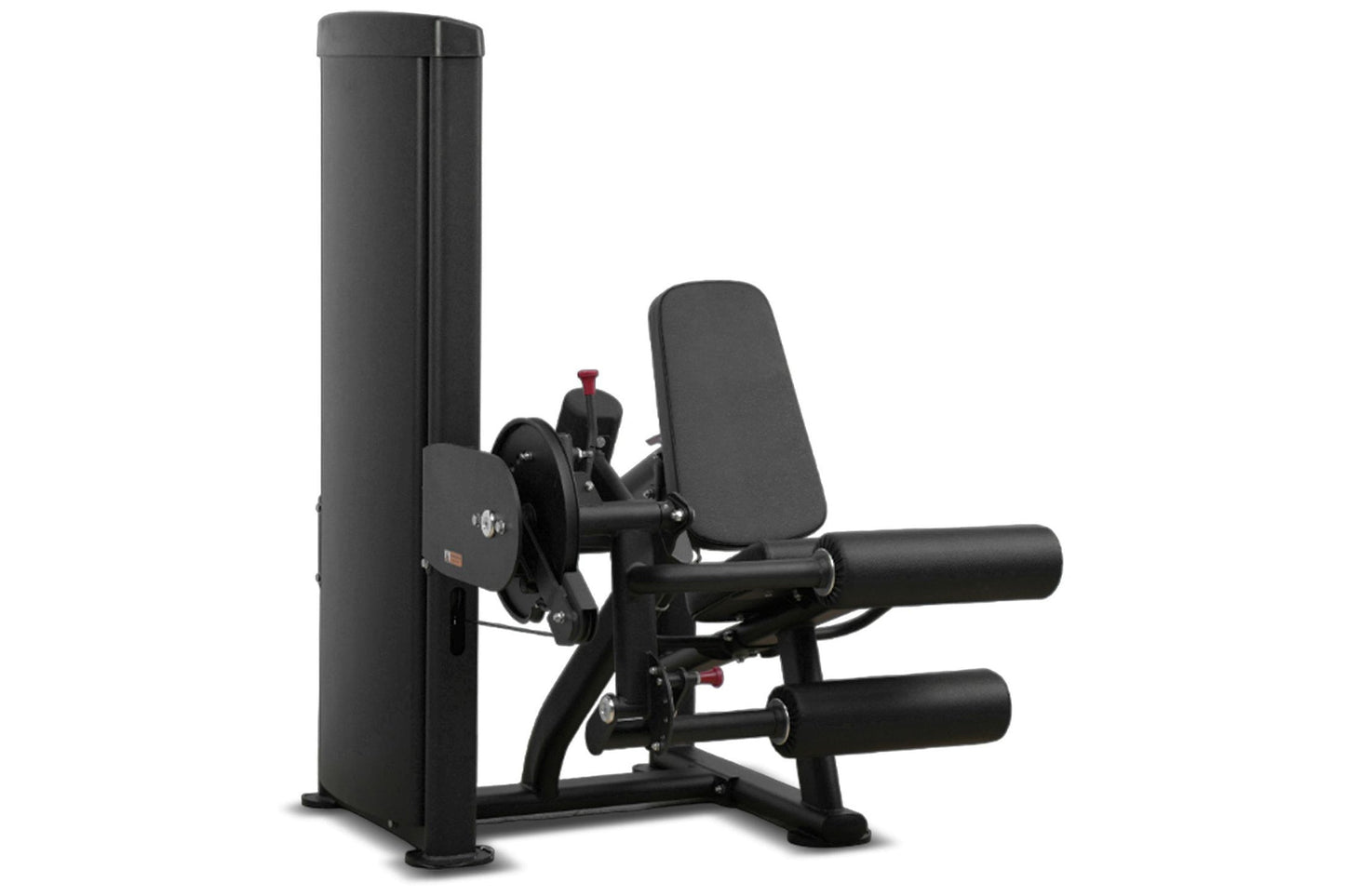 Black commercial leg curl and extension machine with padded seat, footrest, and weight stack on white background