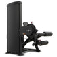 Black commercial leg curl and extension machine with padded seat, foot plate, and dual handle grips on white background