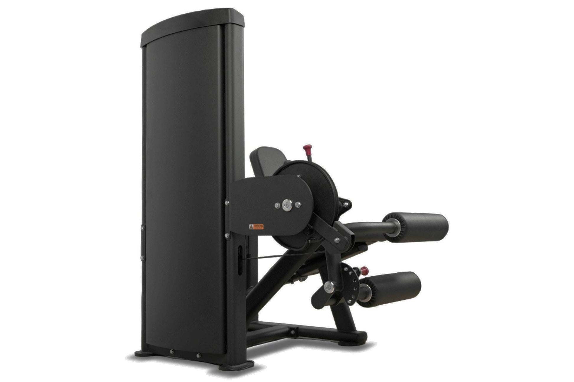 Black commercial leg curl and extension machine with padded seat, foot plate, and dual handle grips on white background