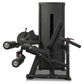 Black commercial leg curl and extension machine with padded seat, adjustable leg lever, and weight stack on white background