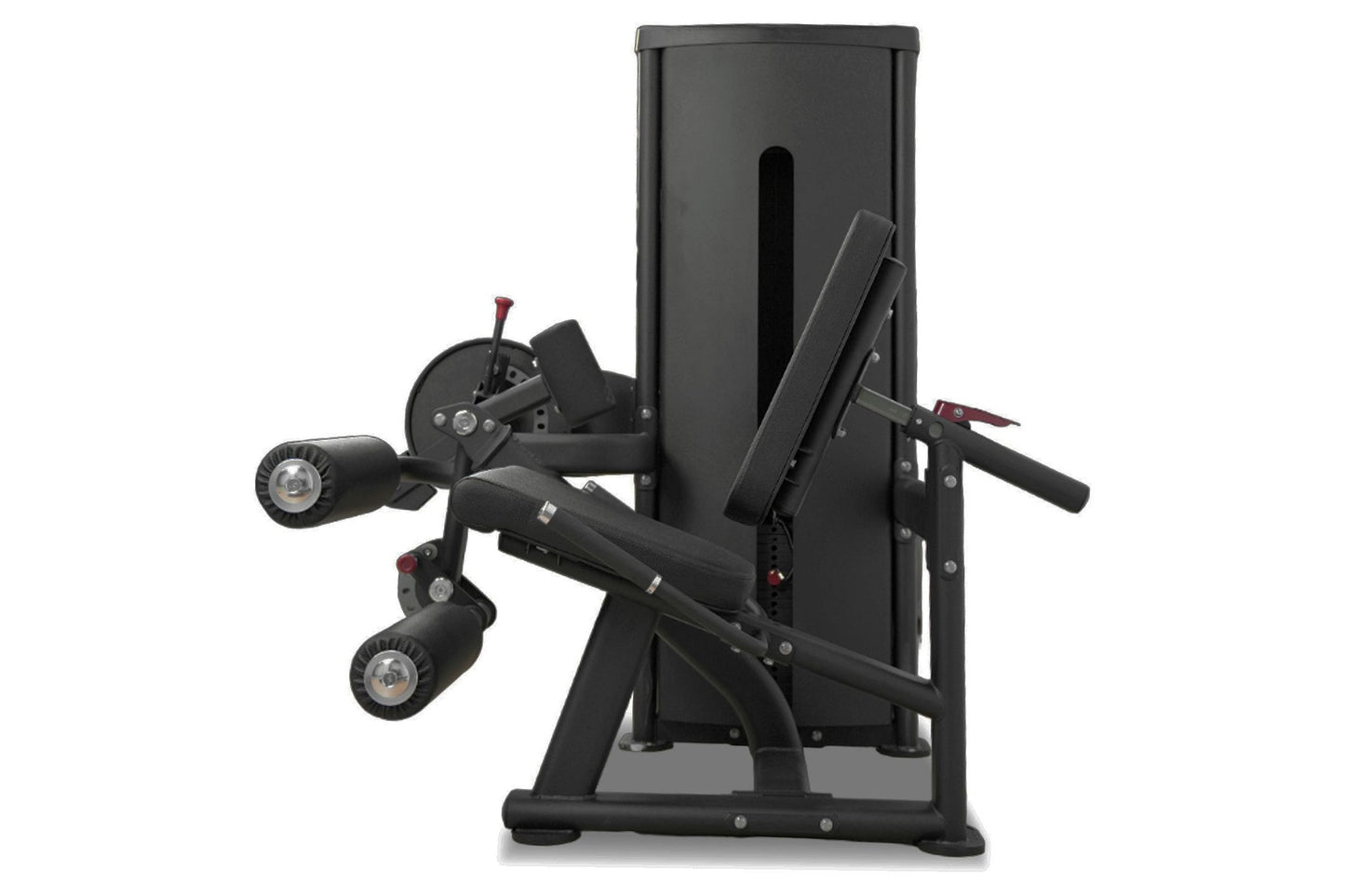 Black commercial leg curl and extension machine with padded seat, adjustable leg lever, and weight stack on white background