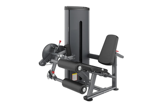 Black commercial leg curl and extension machine with padded seat and backrest on white background