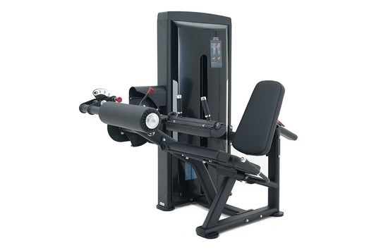 Black commercial leg curl machine with digital display panel, padded seat, and adjustable leg extension arm on white backgrou