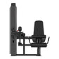 Black leg extension machine with padded seat and backrest, foot platform, and weight stack, shown on white background
