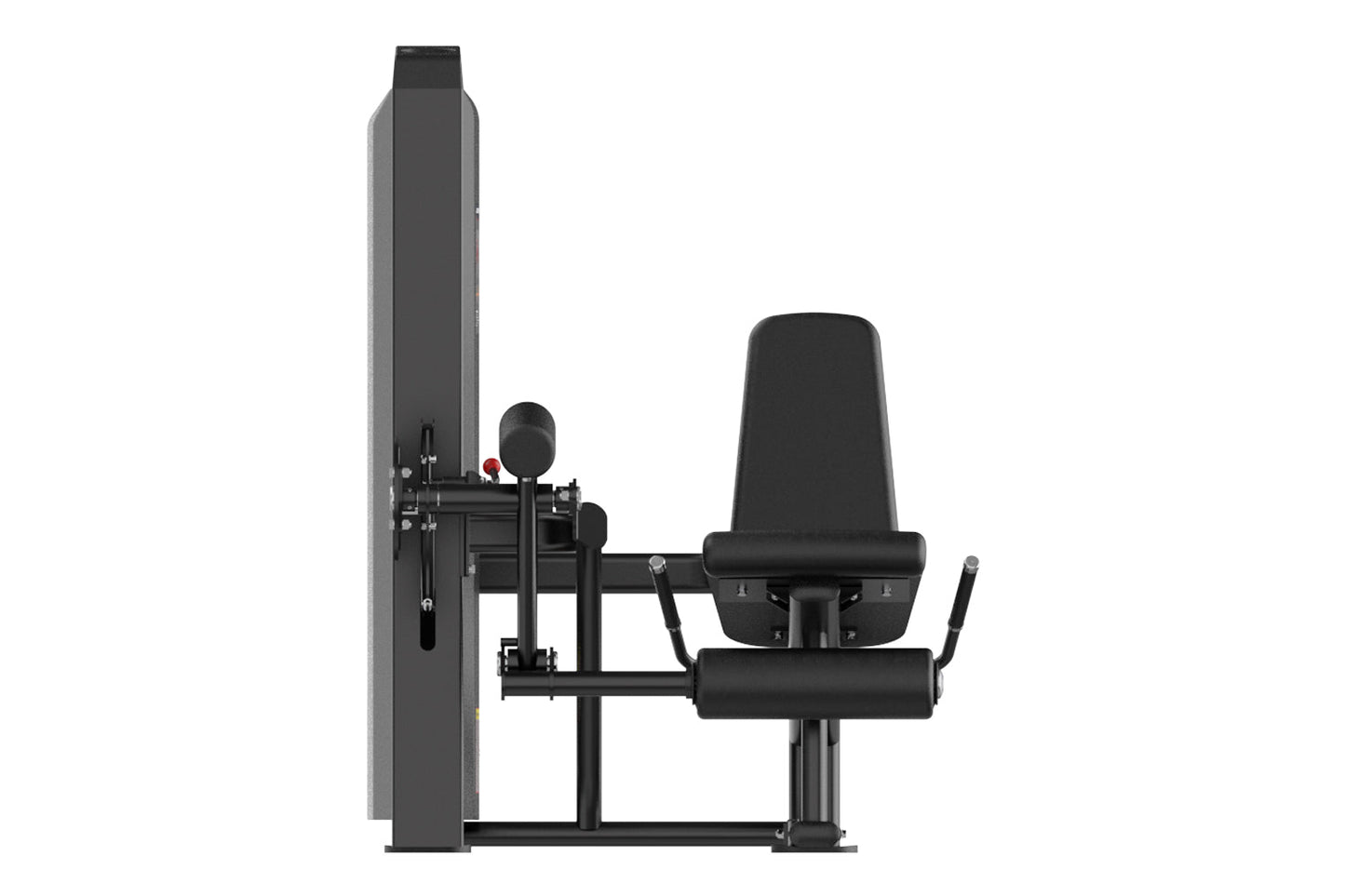 Black leg extension machine with padded seat and backrest, foot platform, and weight stack, shown on white background