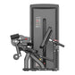 Black commercial leg extension machine with padded seat, adjustable arm lever, and digital display screen on white background