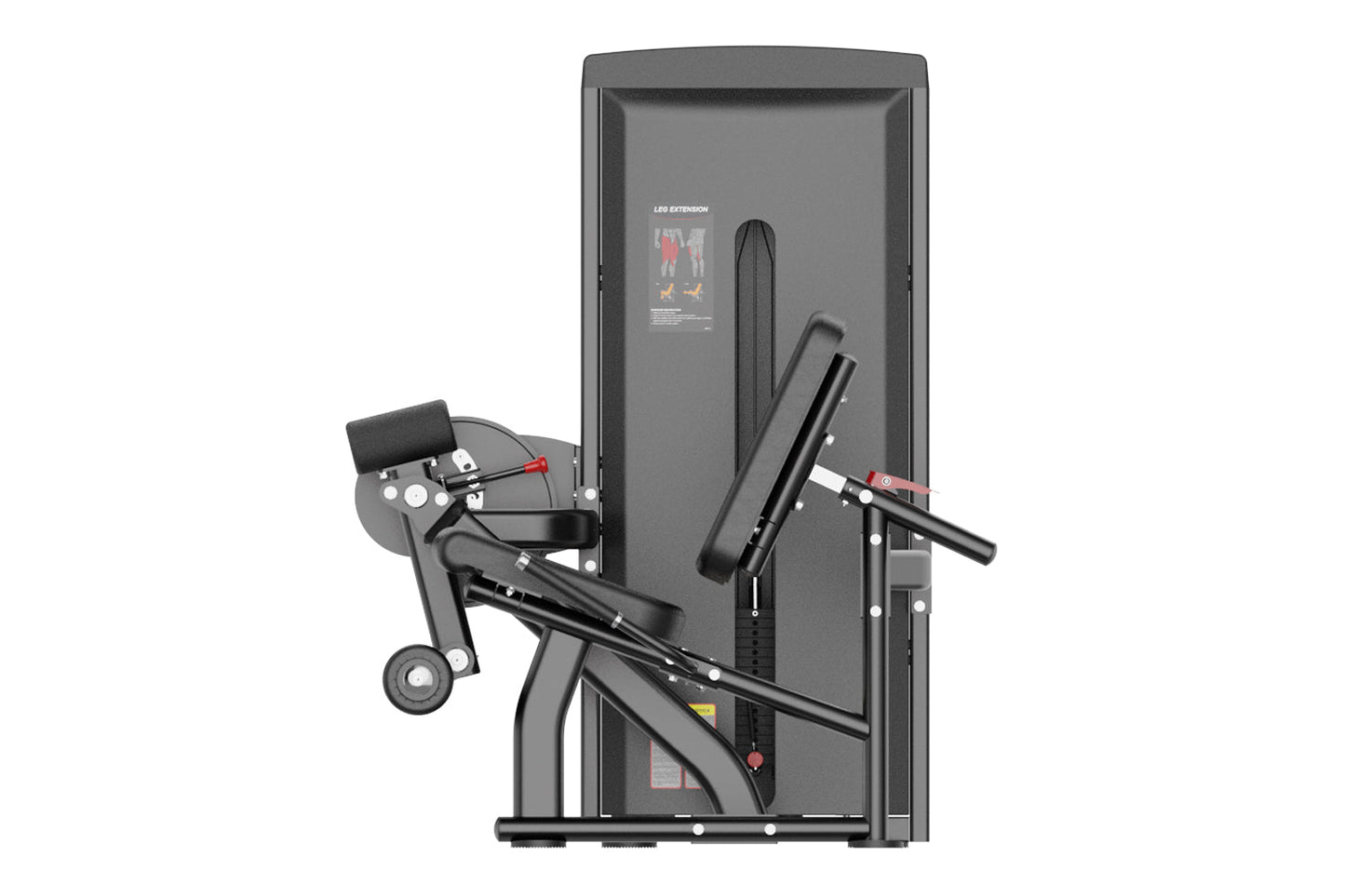 Black commercial leg extension machine with padded seat, adjustable arm lever, and digital display screen on white background