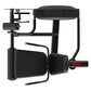 Black commercial leg extension machine with padded seat and footrest, red control lever, on white background
