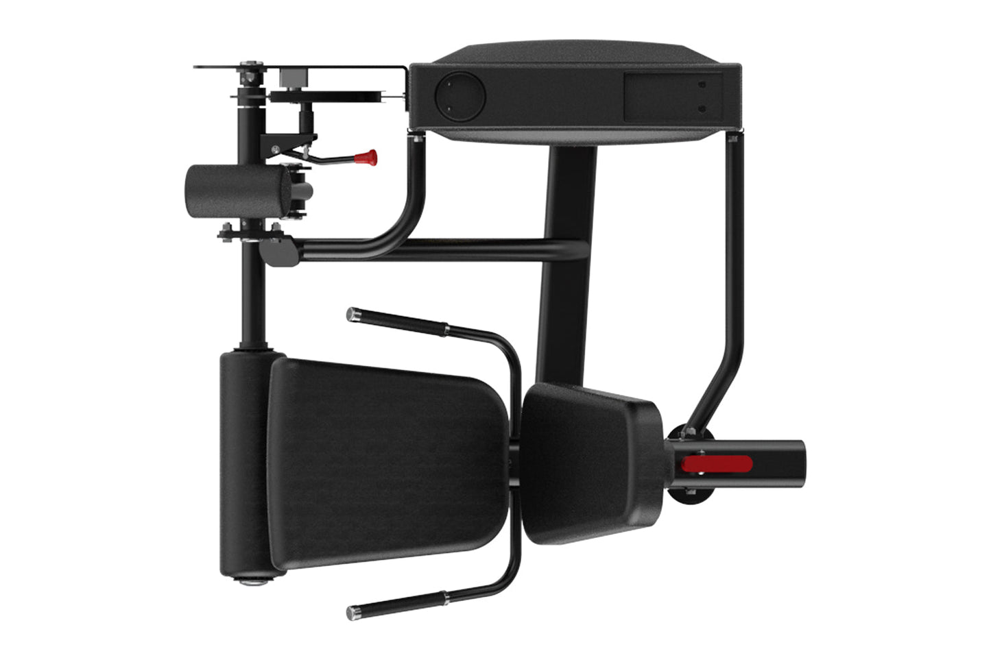 Black commercial leg extension machine with padded seat and footrest, red control lever, on white background