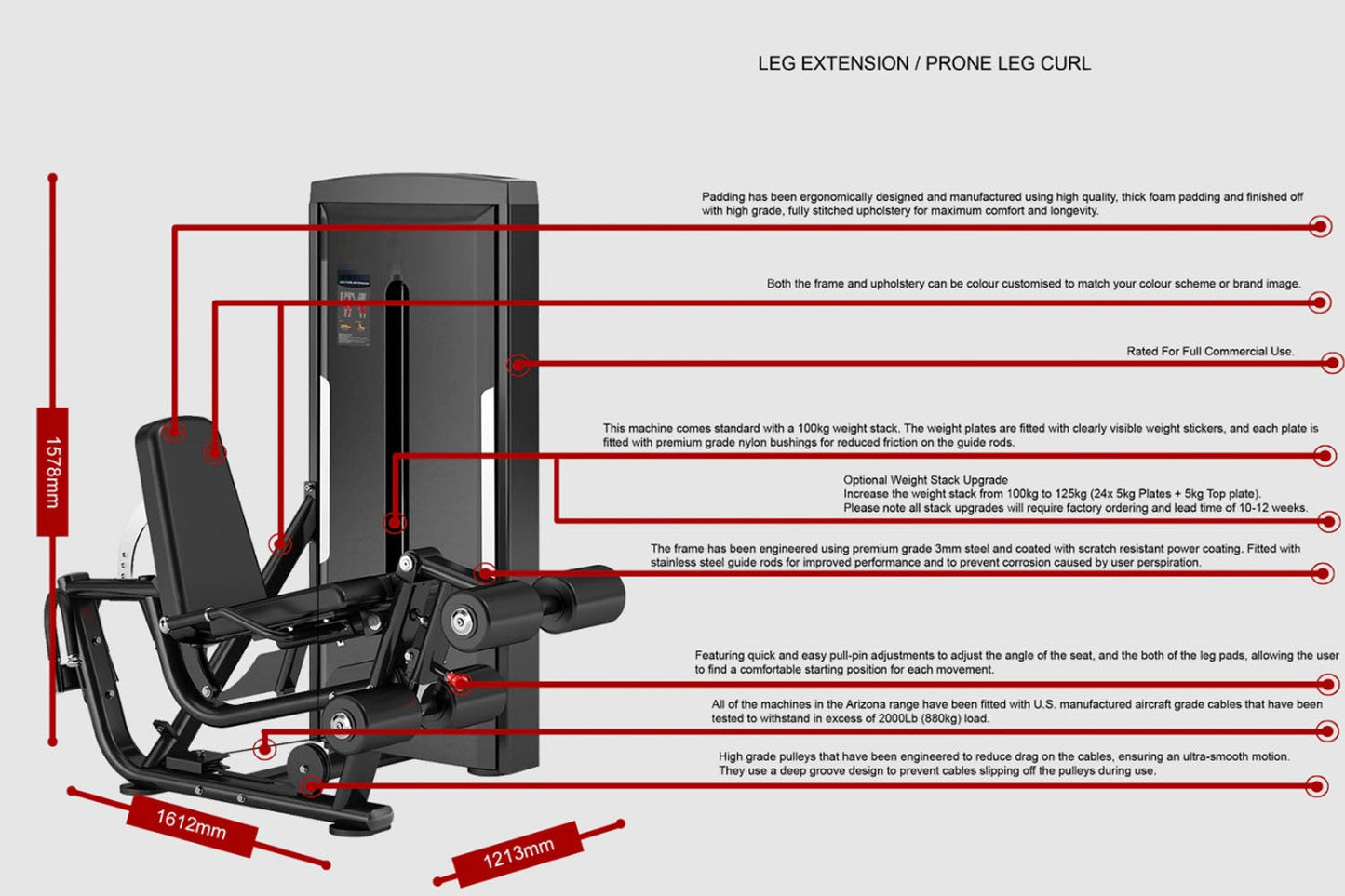 Black commercial leg extension and prone leg curl machine with padded seat and backrest, shown with dimensional specification