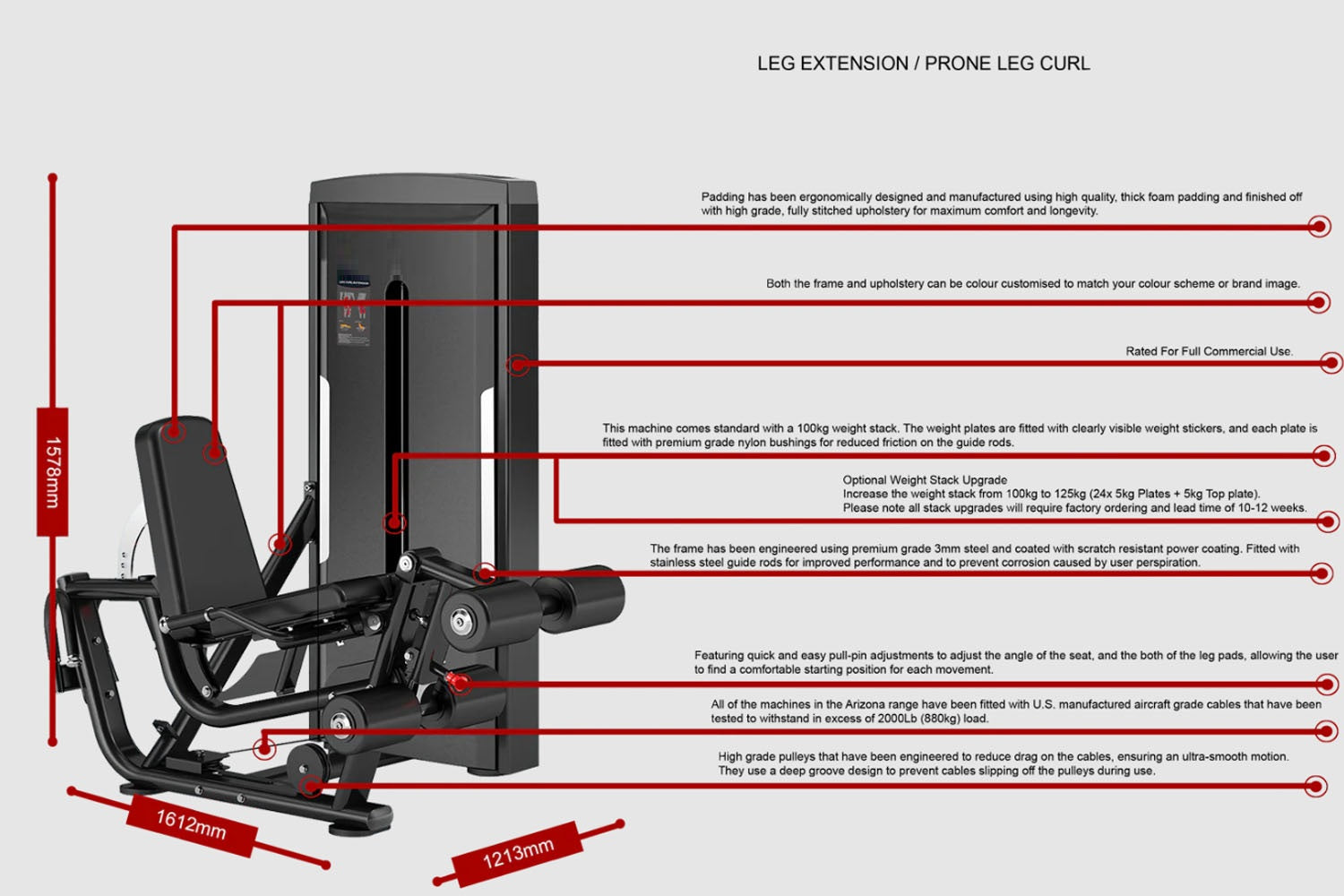 Black commercial leg extension and prone leg curl machine with padded seat and backrest, shown with dimensional specification