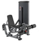 Black commercial leg extension and prone leg curl machine with padded seat, dual weight stacks, and tall vertical frame on wh