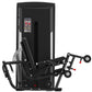 Black commercial leg extension and prone leg curl machine with padded seat, footrest, and weight stack on white background