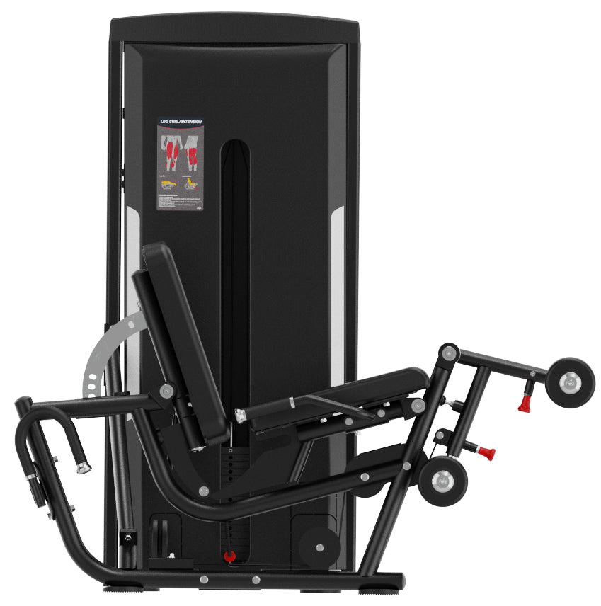 Black commercial leg extension and prone leg curl machine with padded seat, footrest, and weight stack on white background