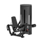 Black commercial leg extension and prone leg curl machine with padded seat and footrest on white background