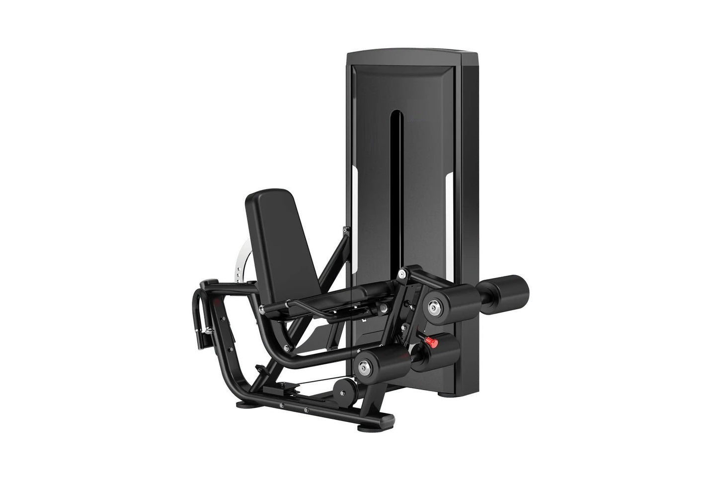 Black commercial leg extension and prone leg curl machine with padded seat and footrest on white background