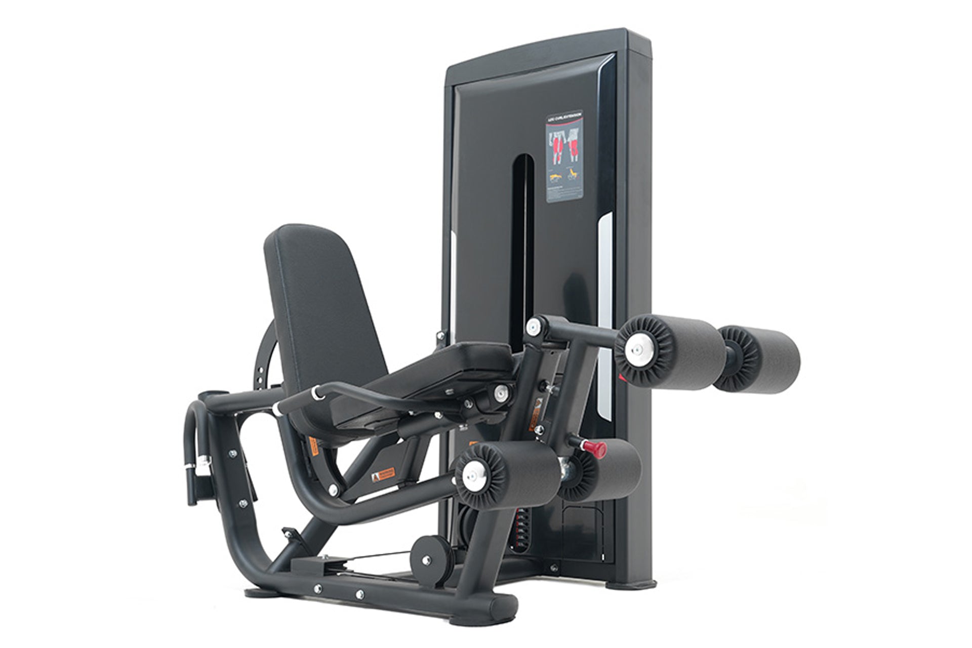 Warrior Pro black leg extension and prone leg curl machine with dual weight stacks and digital display on white background