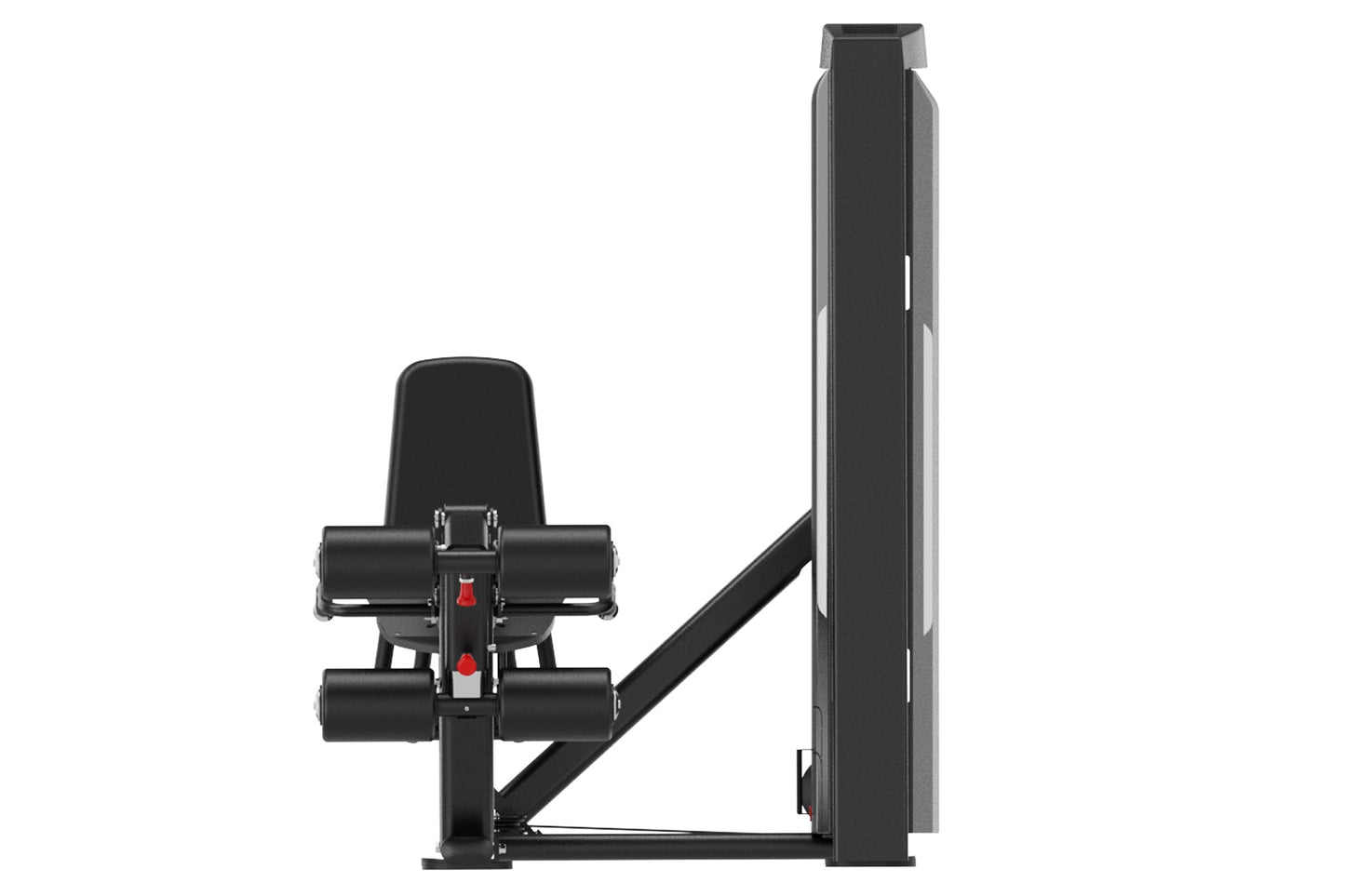 Black commercial leg extension and prone leg curl machine with padded seat, foot platforms, and weight stack on white backgro
