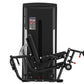 Black commercial leg extension and prone leg curl machine with digital display and adjustable seat, on white background