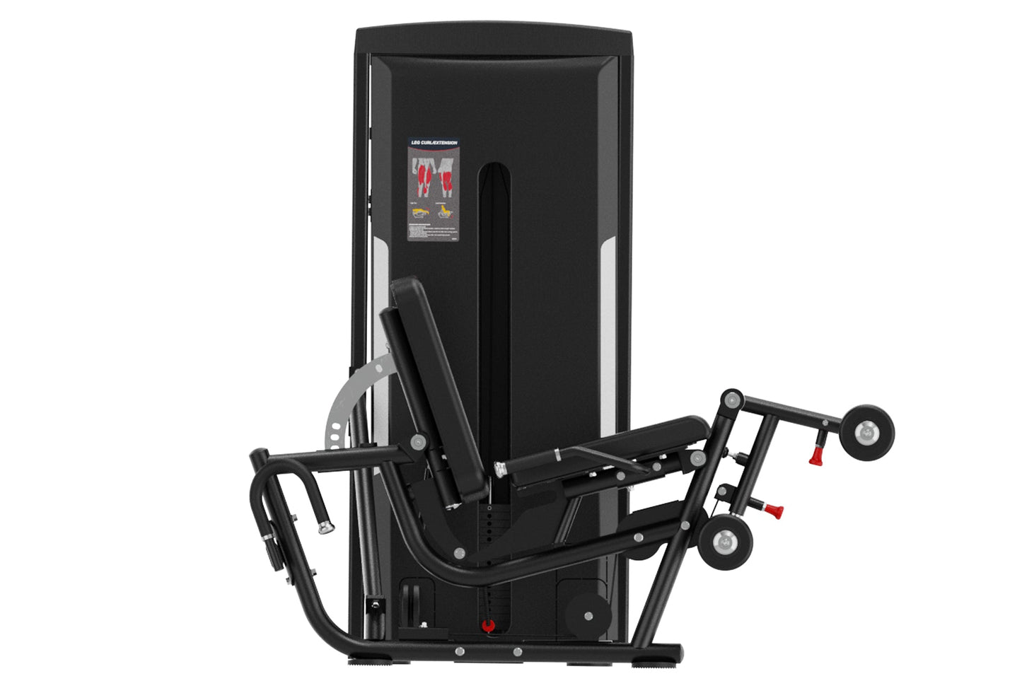 Black commercial leg extension and prone leg curl machine with digital display and adjustable seat, on white background