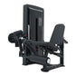 Black commercial leg extension machine with padded seat, digital control panel, and weight stack on white background