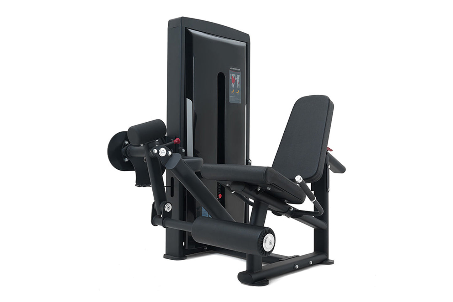 Black commercial leg extension machine with padded seat, digital control panel, and weight stack on white background