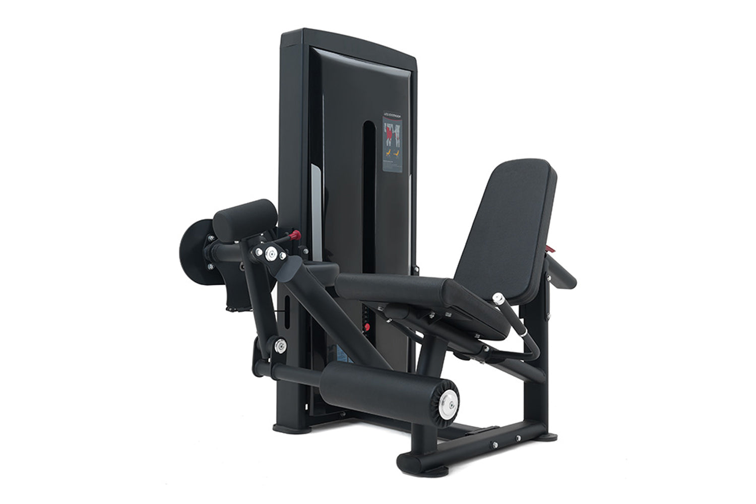 Black commercial leg extension machine with padded seat, digital control panel, and weight stack on white background