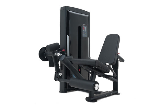Black commercial leg extension machine with padded seat, digital control panel, and weight stack on white background