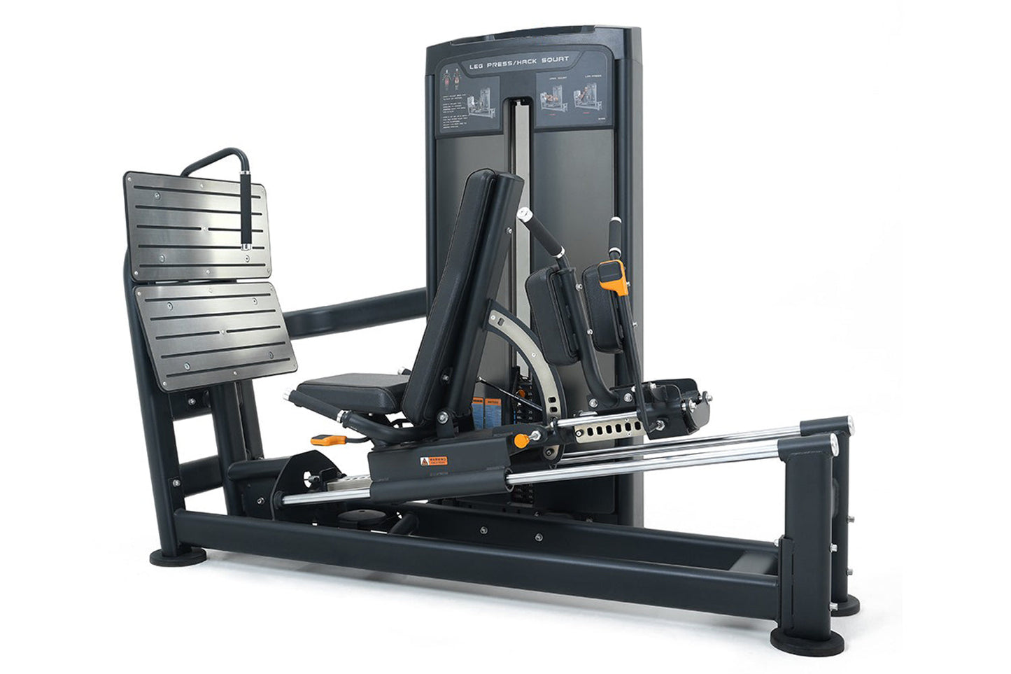 Warrior Elite Commercial Series black leg press and hack squat machine with orange accents, instruction panel, and footplate 