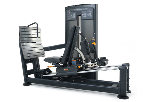 Warrior Elite Commercial Series black leg press and hack squat machine with orange accents, instruction panel, and footplate 