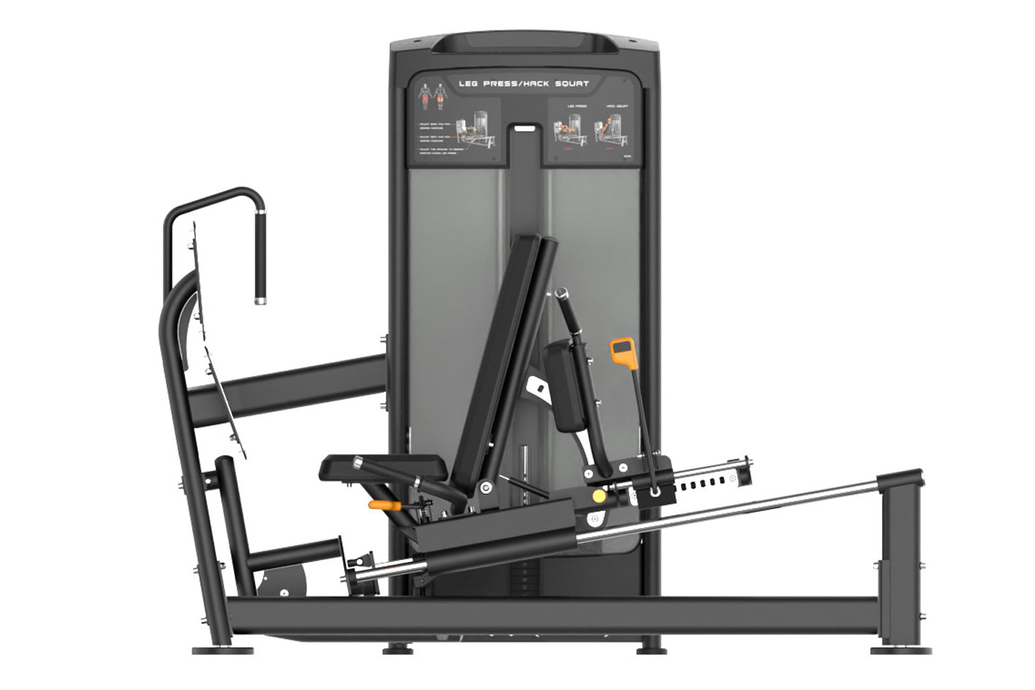 Warrior Elite Commercial Series Leg Press/Hack Squat machine with black frame, gray padded seat and backrest, instruction pla