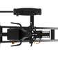 Black leg press and hack squat machine with metal frame, foot plate, and dual weight stack columns, shown on white background