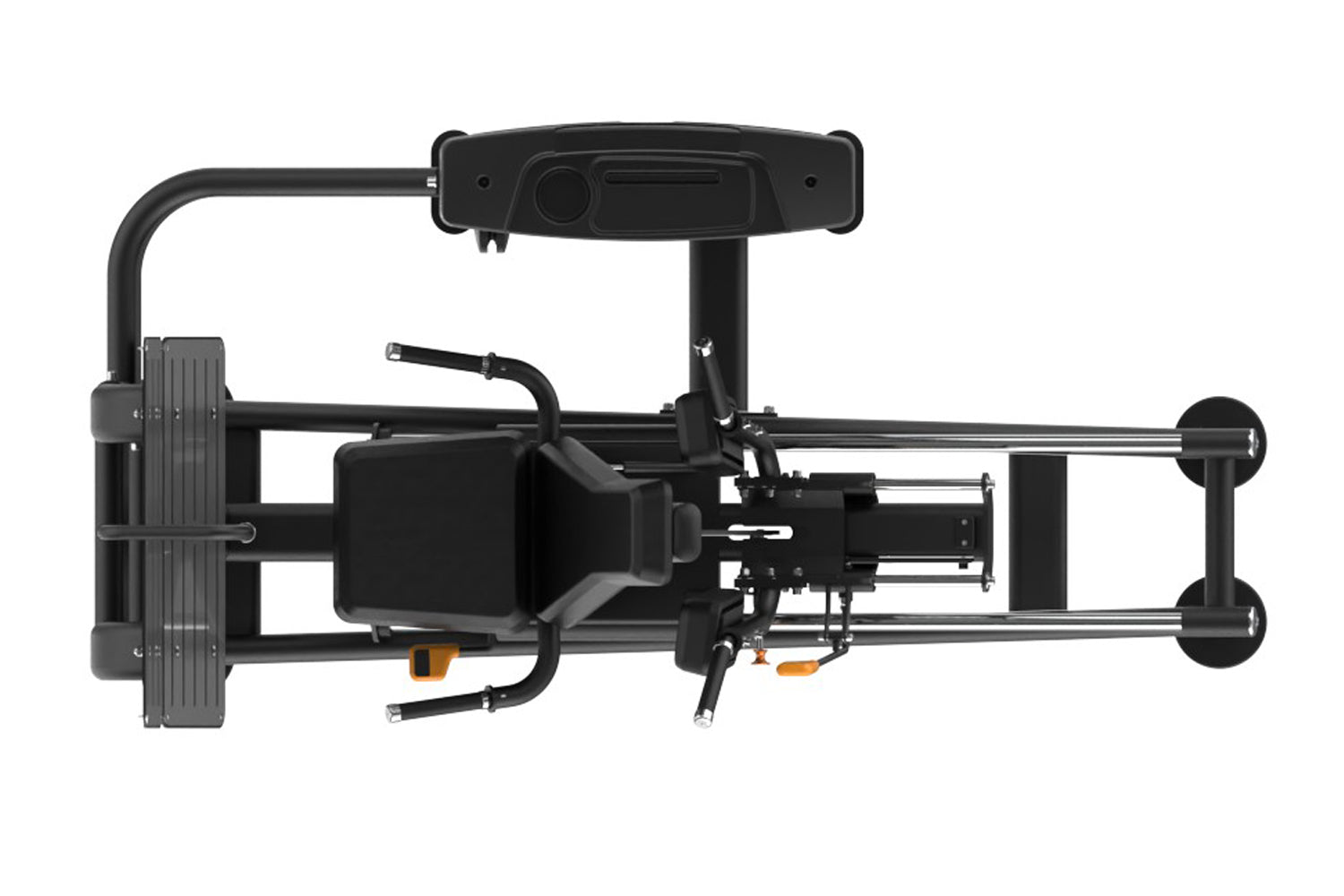Black leg press and hack squat machine with metal frame, foot plate, and dual weight stack columns, shown on white background