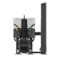 Black and gray commercial leg press and hack squat machine with dual adjustable foot platforms and tall vertical support fram