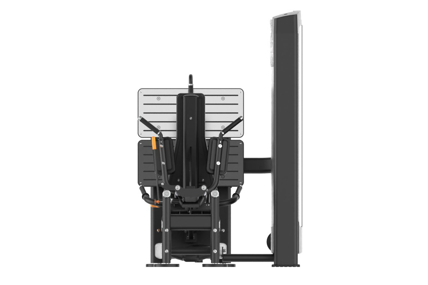 Black and gray commercial leg press and hack squat machine with dual adjustable foot platforms and tall vertical support fram